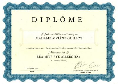 Diplôme Bye Bye Allergies_Mylène GUILLOT Magnétiseuse Rebouteuse Relaxologue